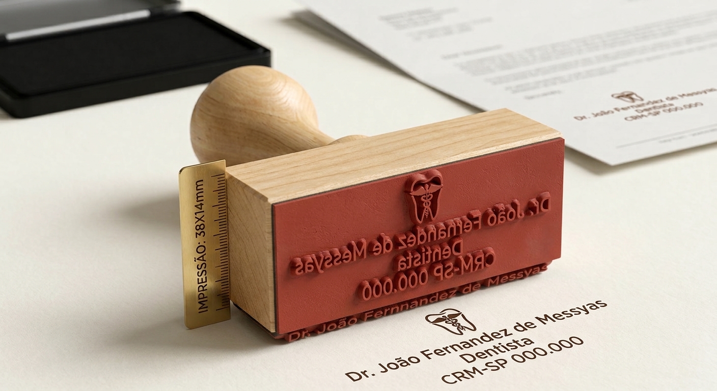 Carimbo de madeira personalizado para dentista com nome, CRO e especialidade odontológica