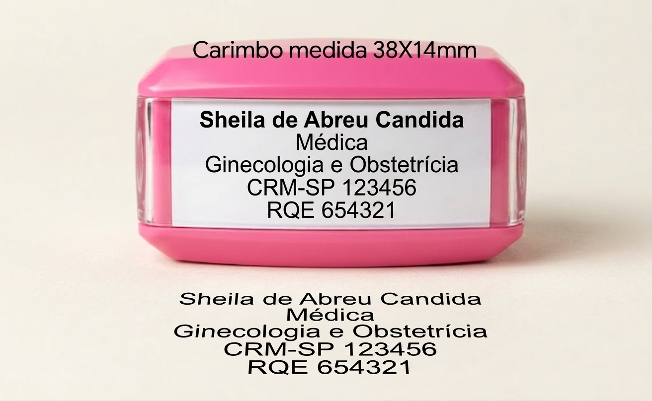 Carimbo automático rosa 38x14 mm personalizado para médica ginecologista com CRM e RQE