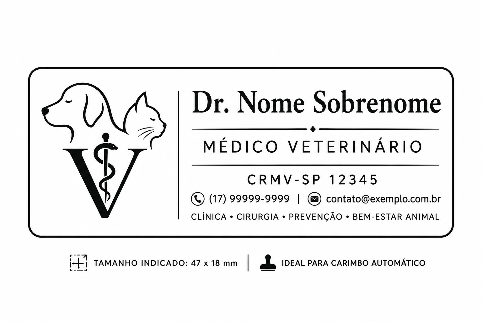 Modelo de carimbo para médico veterinário com nome, CRMV e ícones de cão e gato