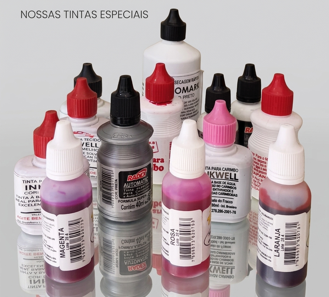 Coleção de tintas especiais para carimbo nas cores magenta, rosa, laranja, prata, preto e vermelho